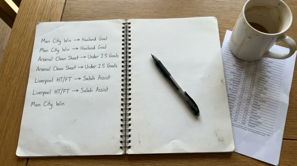 Notebook with accumulator legs listed and correlation arrows drawn between related selections