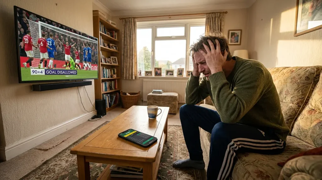 Football fan reacting to a near-miss accumulator result on a Saturday afternoon
