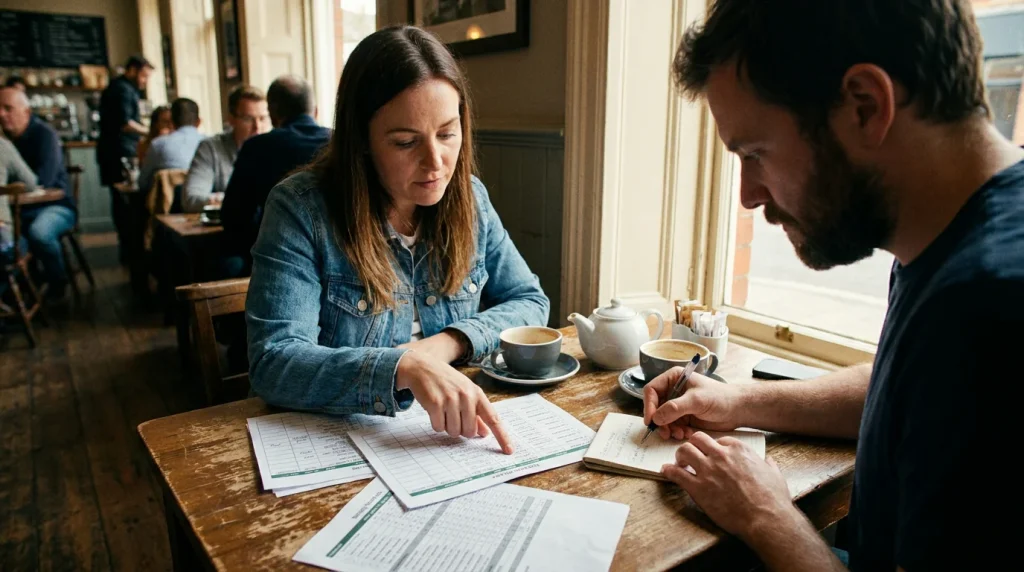 Two friends reviewing football betting records together at a table