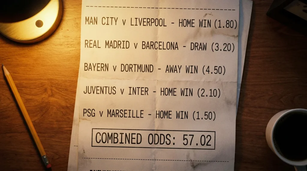 Football accumulator betting slip with multiple legs showing compounding bookmaker margin
