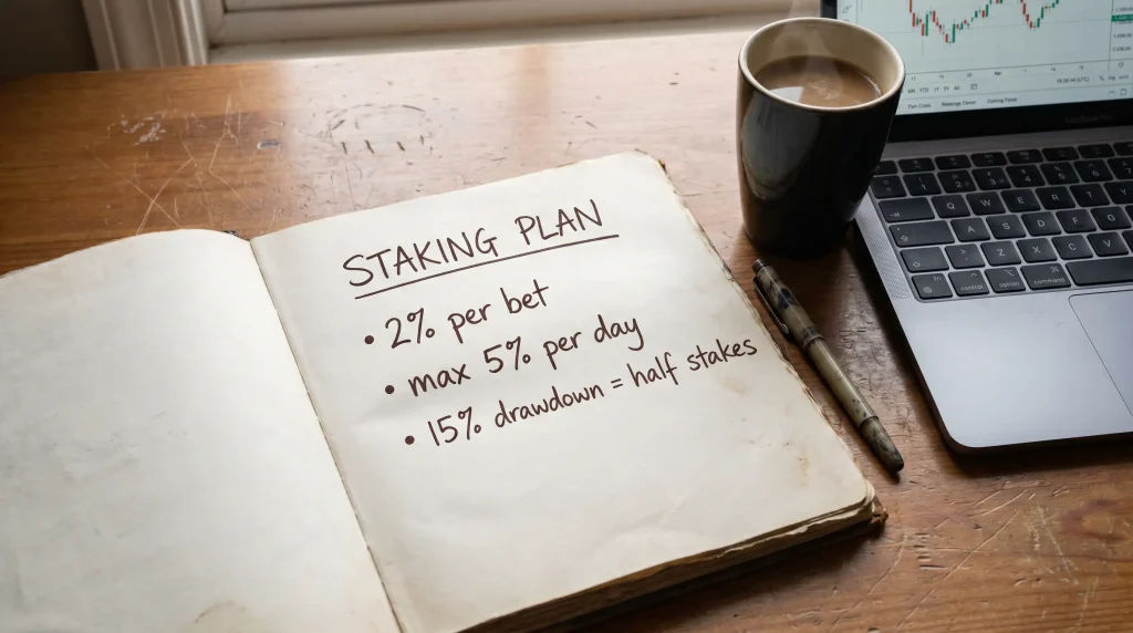 Staking plan written in notebook showing bankroll allocation rules