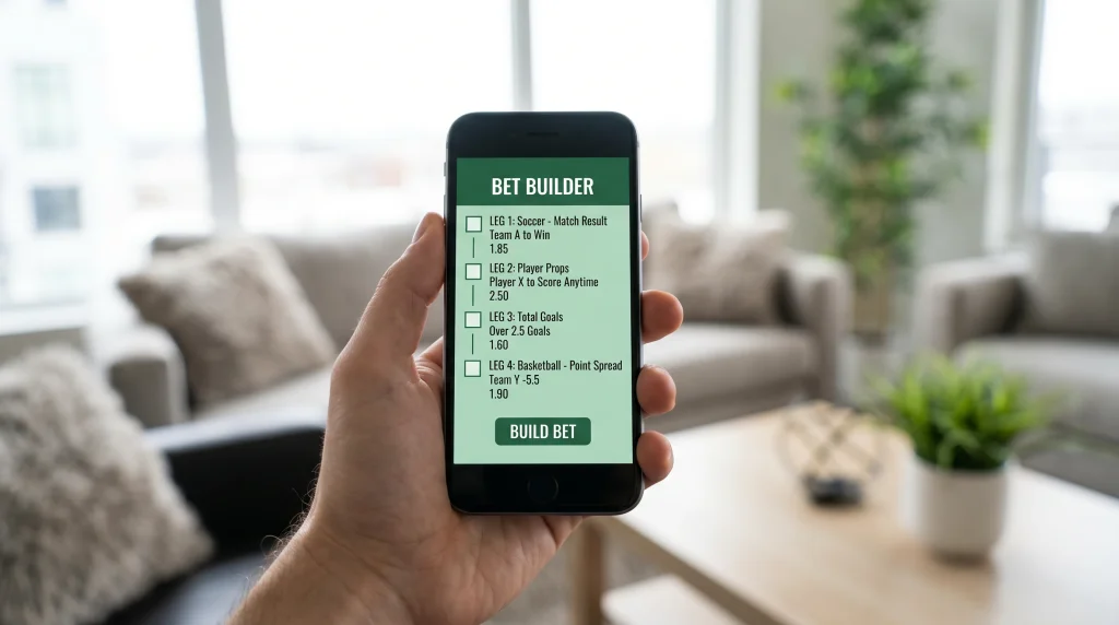 Bet builder interface on a mobile phone screen showing same-game multiple leg options
