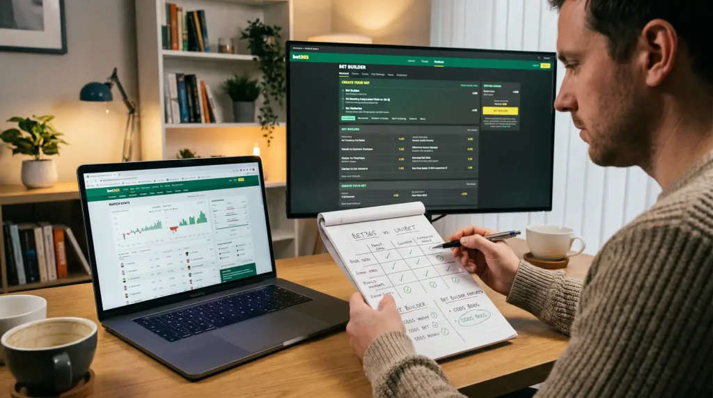Multiple bookmaker bet builder platforms open on a laptop showing feature comparison