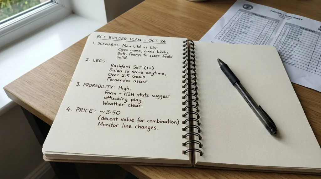 Step-by-step bet builder construction notes with xG data and player statistics
