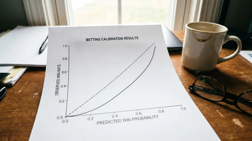 Calibration graph showing estimated versus actual win probability across 300 bets
