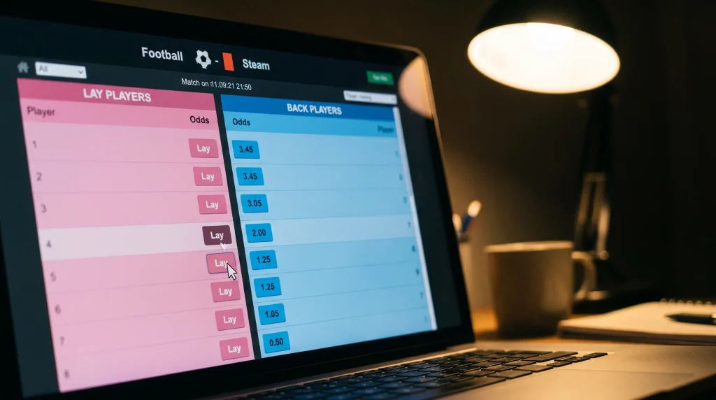 Betting exchange screen showing a lay bet being placed on a football match