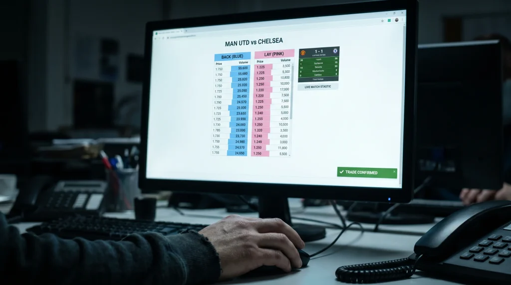 Betting exchange interface showing back and lay prices for a football match