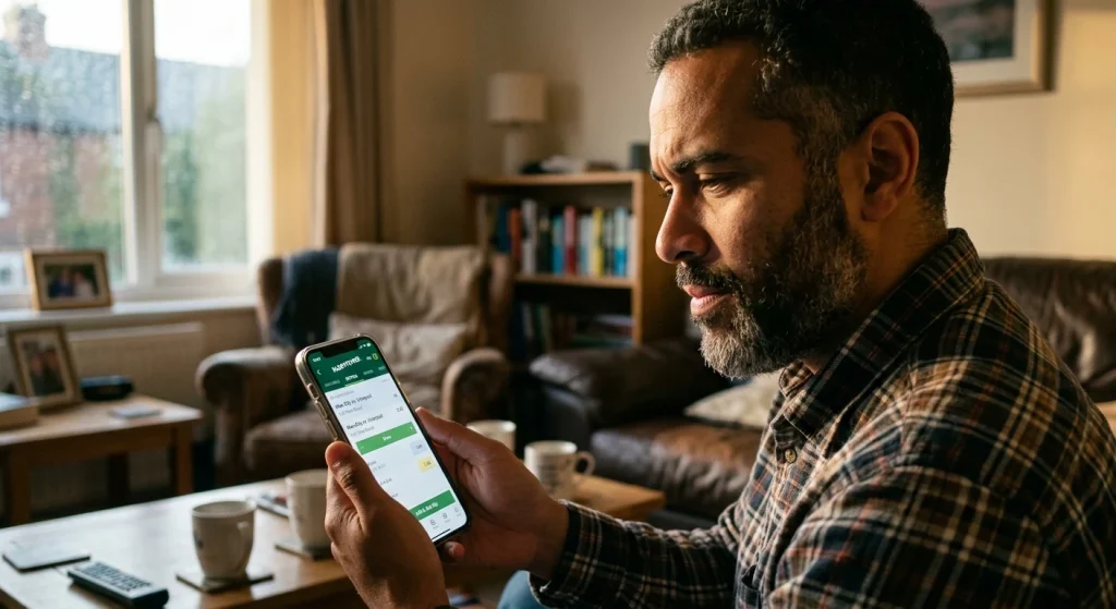 Person staring at a betting app screen looking uncertain about a selection