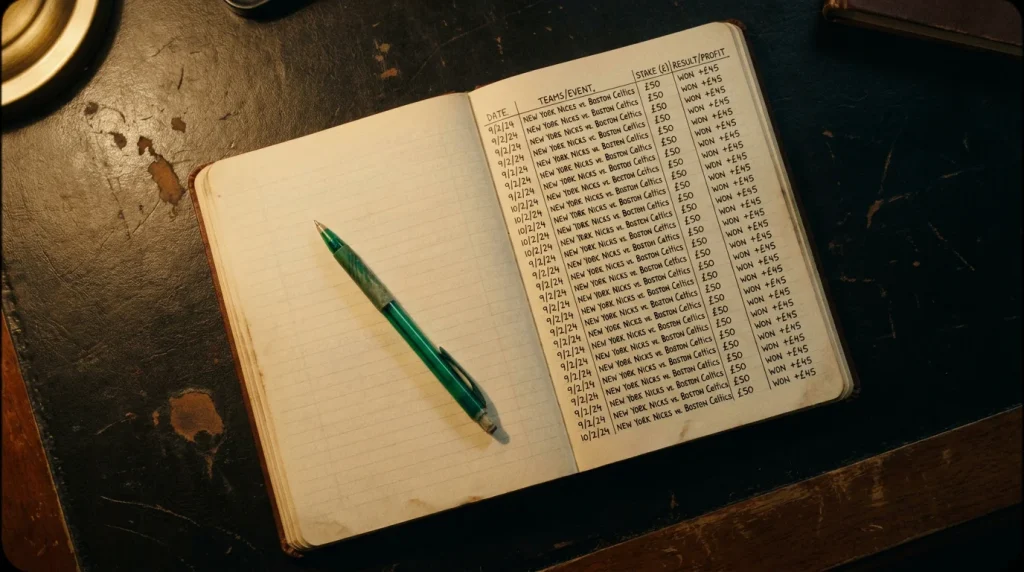 Detailed betting record journal tracking selections stakes and results over a football season