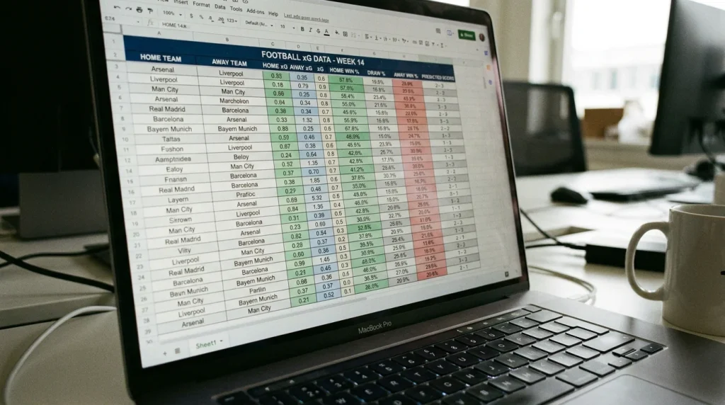 Spreadsheet with expected goals data used for correct score calculations