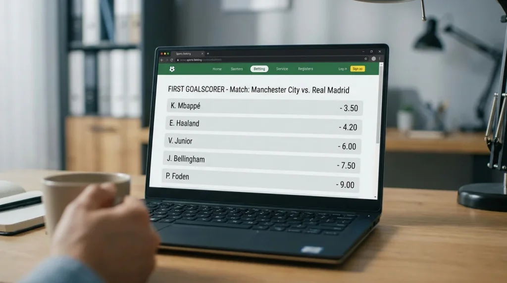 First goalscorer market display showing odds range from favourites to long shots
