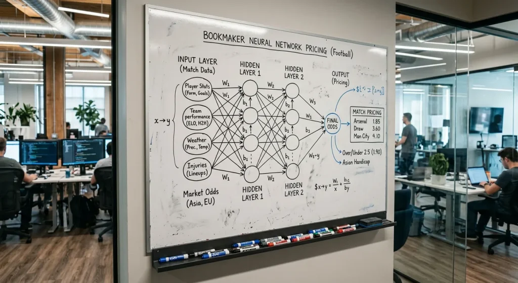Neural network diagram showing how multiple football variables combine for match pricing