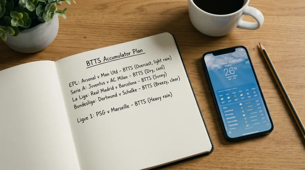 BTTS accumulator strategy notes with cross-league selections and weather check