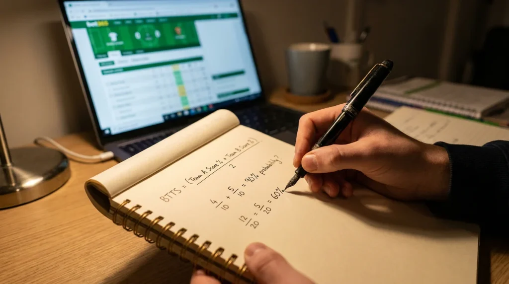Bookmaker BTTS pricing model analysis with implied probability calculations on notebook