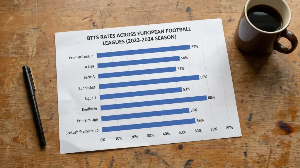 European league BTTS rates comparison chart showing Bundesliga leading scoring trends