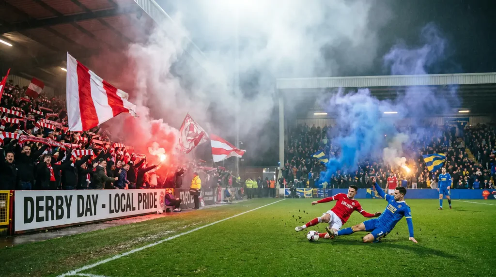 Intense derby match atmosphere with both sets of fans in a packed stadium