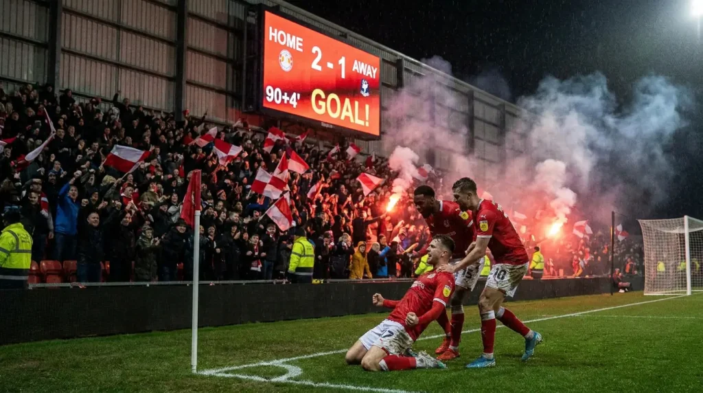 Exciting football match moment with both teams having scored and one side leading