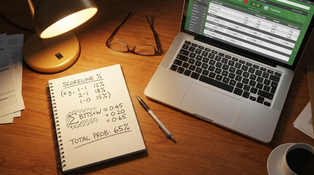 Notepad with a worked BTTS and win probability calculation next to a laptop