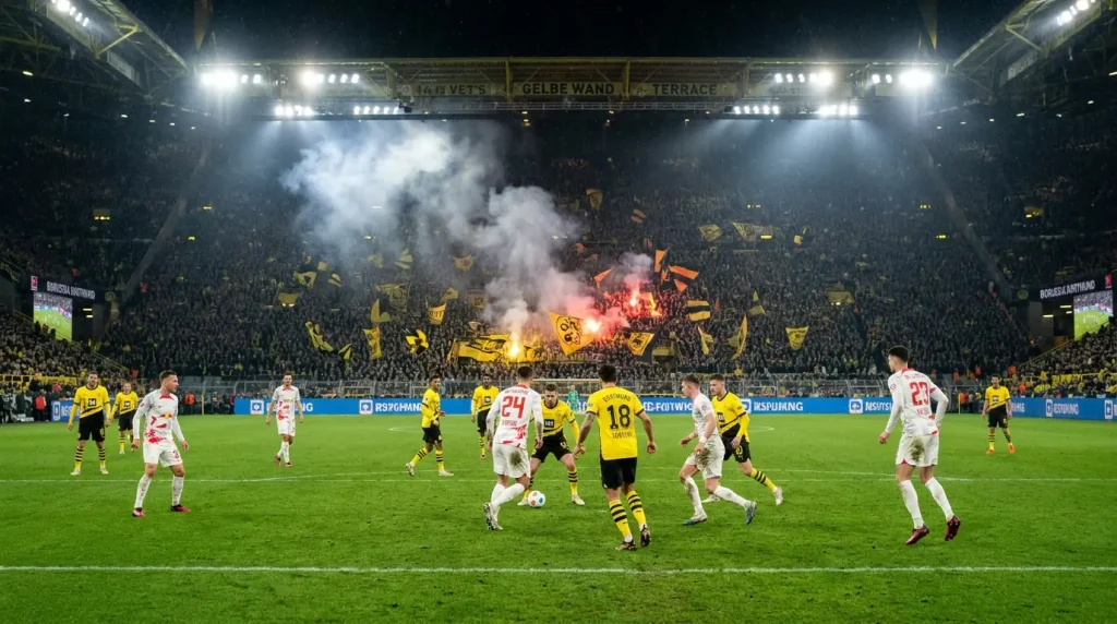 High-tempo Bundesliga match with both teams pressing in an open attacking game