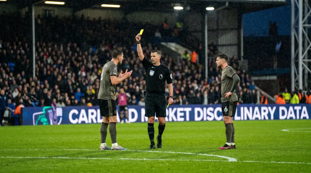 Referee showing yellow card during a competitive Premier League tackle
