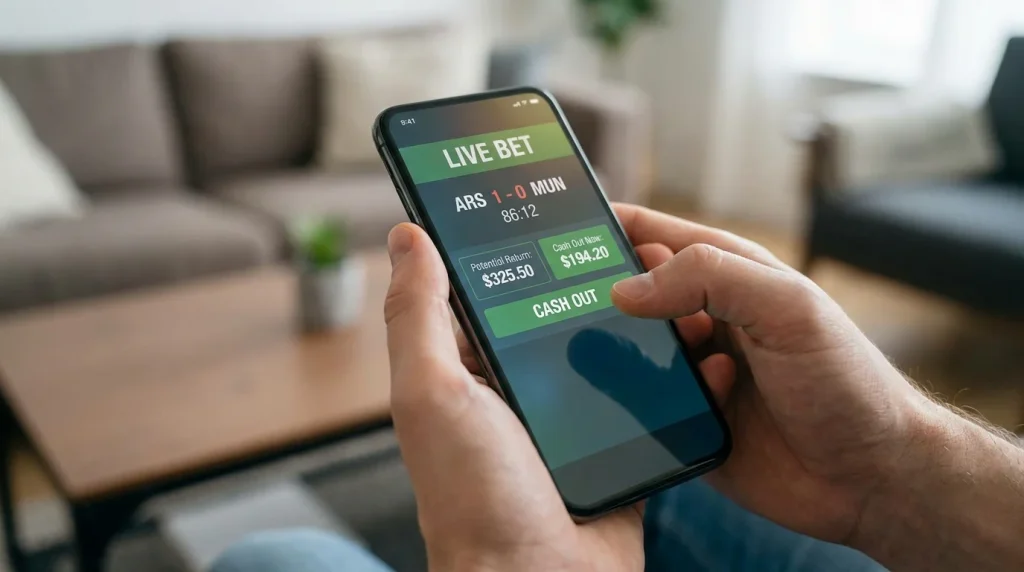 Mobile betting screen showing cash-out offer during live football match