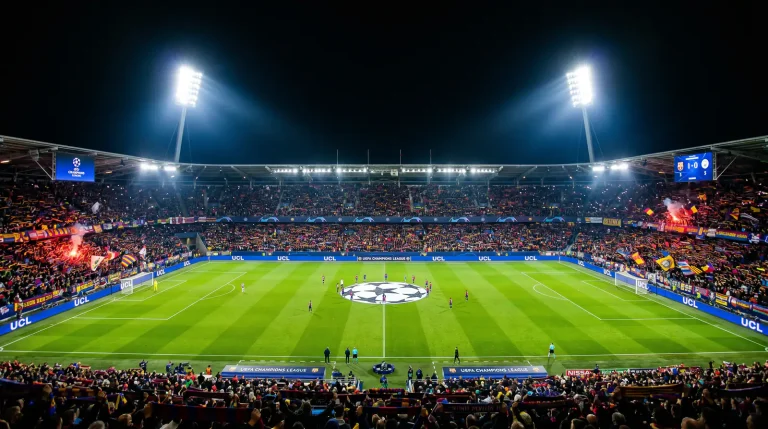Champions League night at European stadium with floodlit pitch and full stands