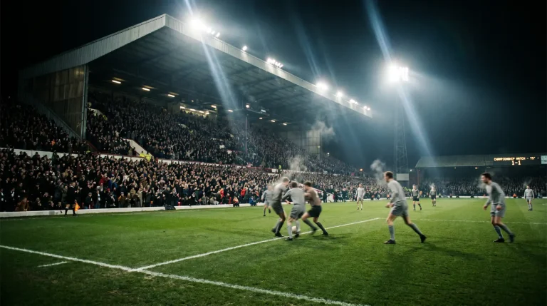 Championship football match under floodlights with packed lower-league stand