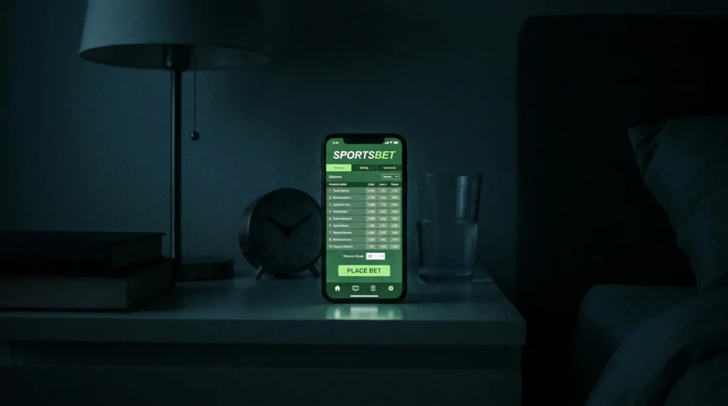 Punter checking betting app late in the evening after a losing Saturday afternoon