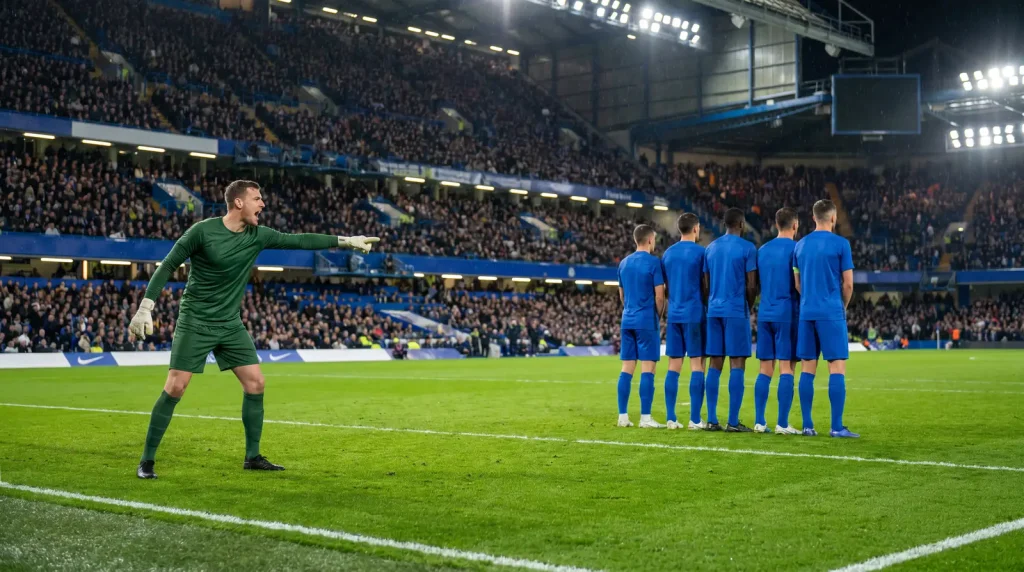 Defensive football scene with goalkeeper organising wall during set piece
