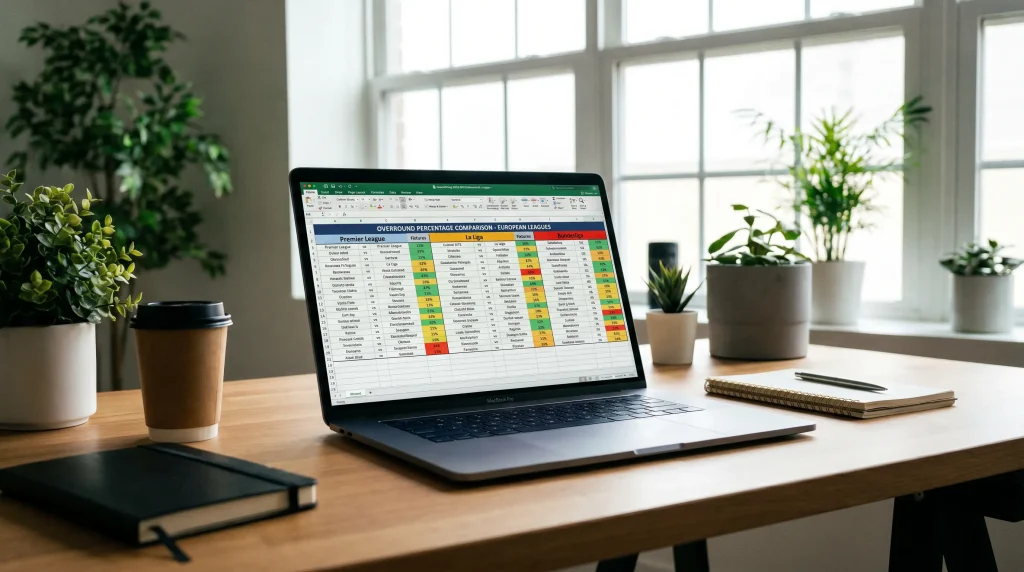 Spreadsheet comparing bookmaker overrounds across Premier League, La Liga and Bundesliga