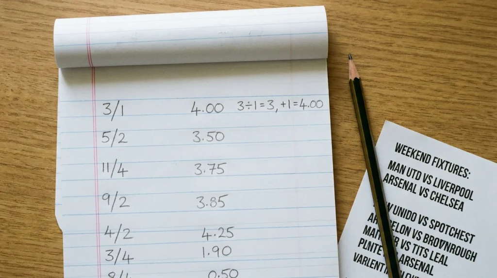 Notepad with handwritten odds conversion calculations for a weekend fixture list