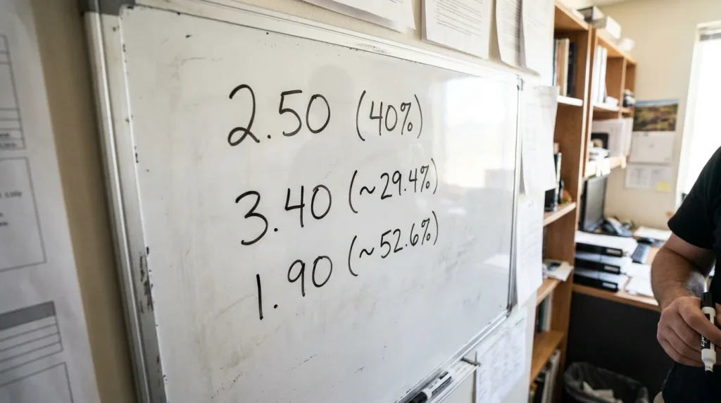 Decimal odds converted to implied probability on a football market display