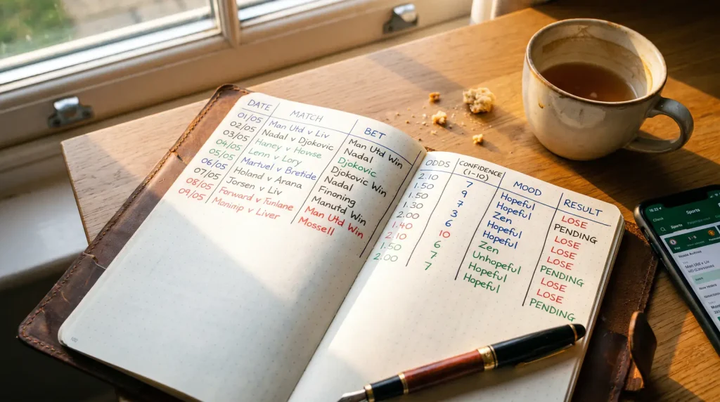 Open notebook with handwritten bet log entries including confidence ratings and emotional state