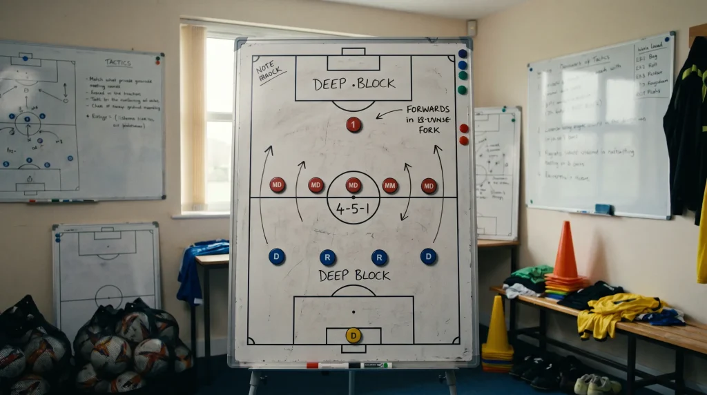 Football team defending deep in compact shape during low-scoring fixture