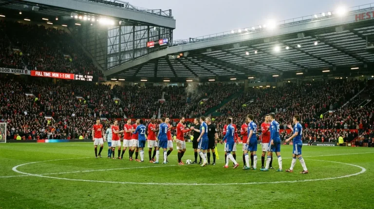 Two evenly matched football teams contesting a tight midfield battle