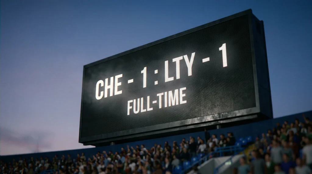 Stadium scoreboard showing a 1-1 draw at full time in a league match