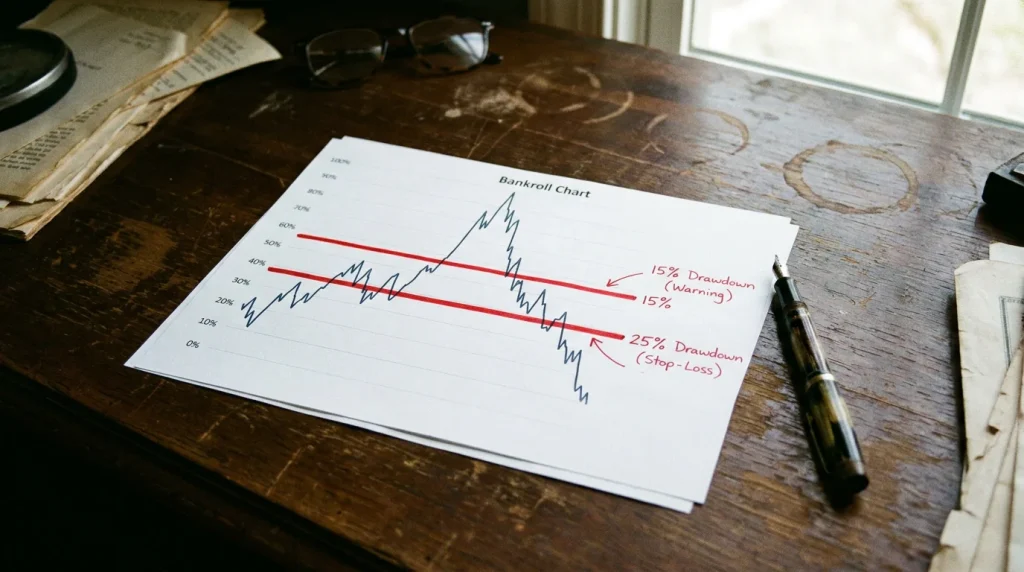 Bankroll drawdown chart with stop-loss threshold lines marked