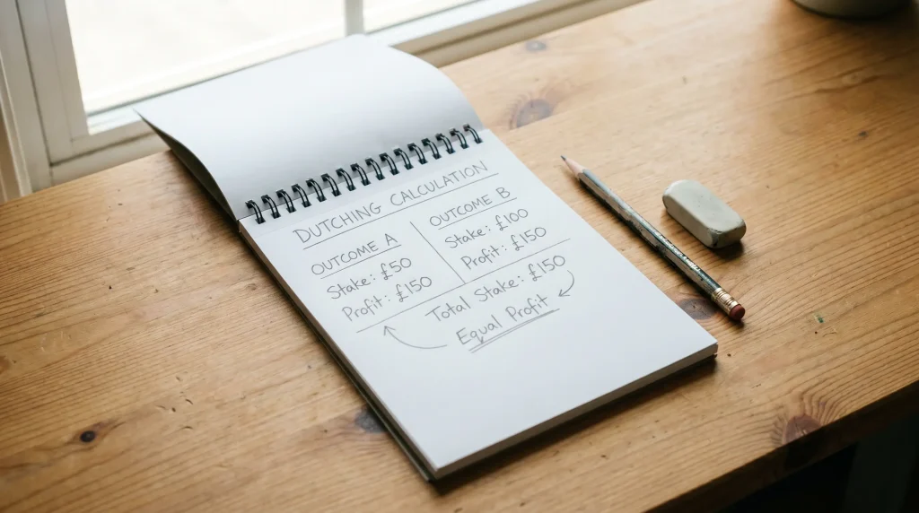 Notepad showing a Dutching stake calculation with two outcomes and profit figures