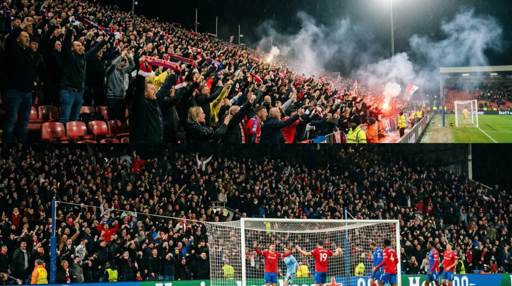 Stadium crowd reacting to early goal during live football match