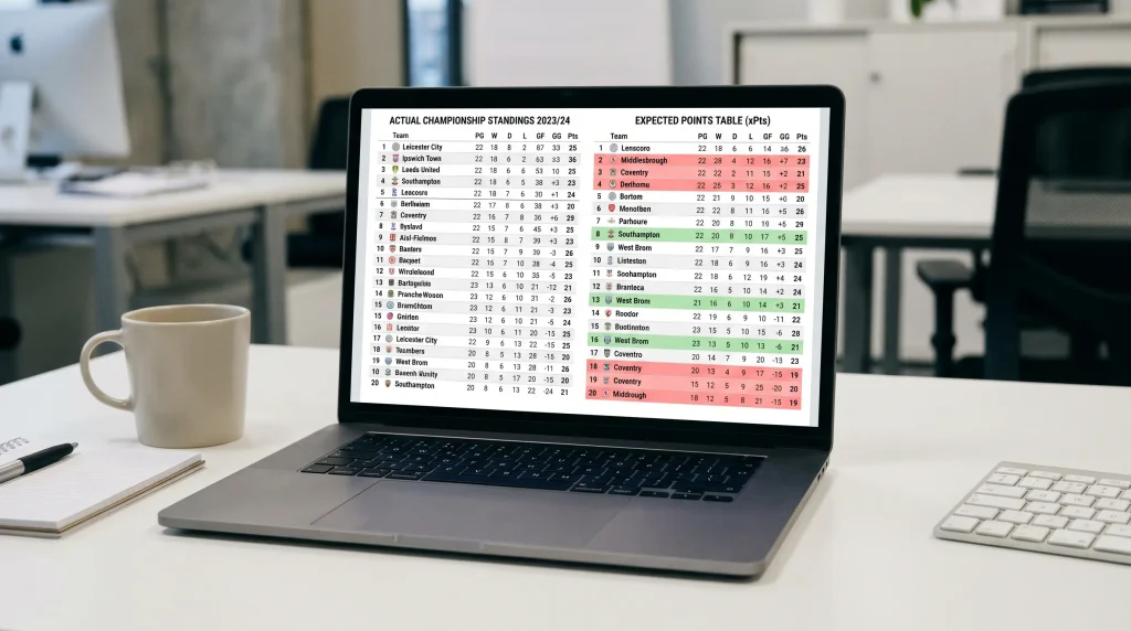 EFL Championship table compared against expected points for betting analysis
