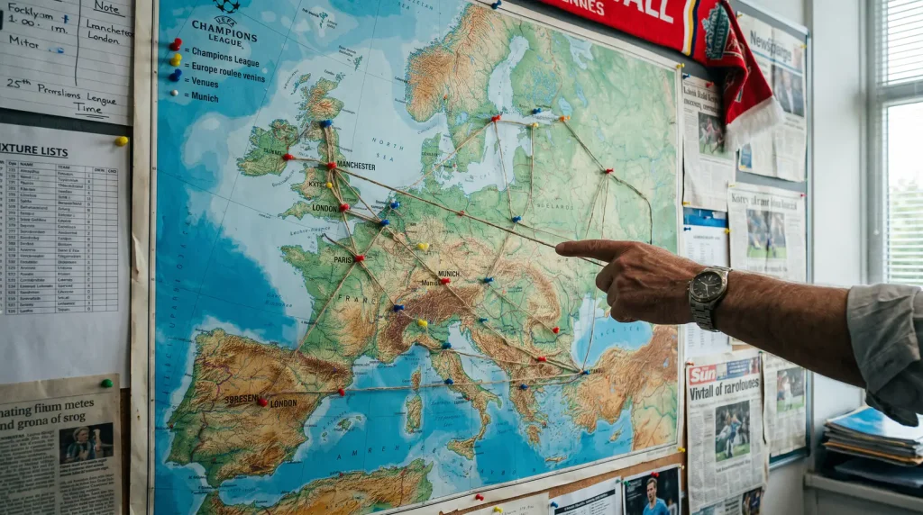Map showing Champions League away travel distances across European venues