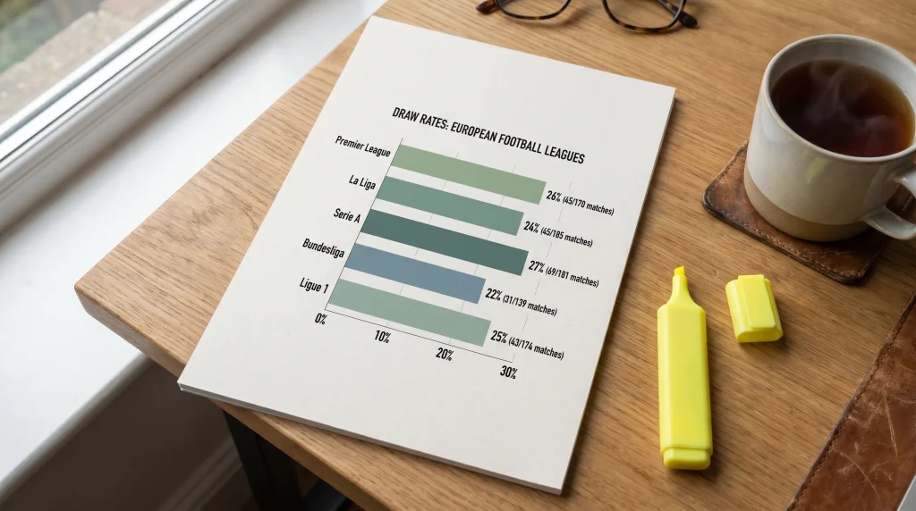 Clean bar chart showing draw rates across Europe's top five football leagues