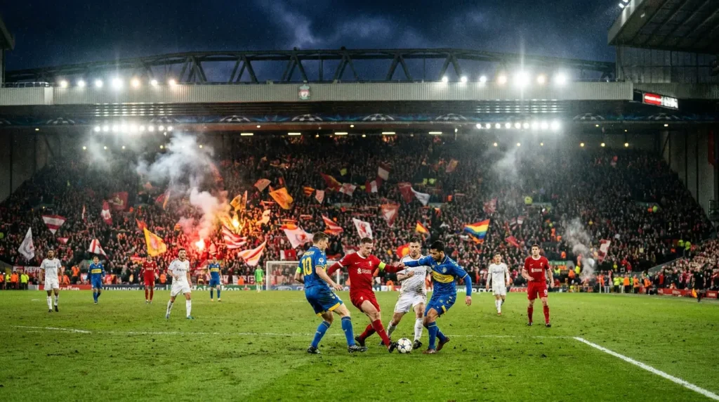 European stadium during Champions League night with floodlit atmosphere
