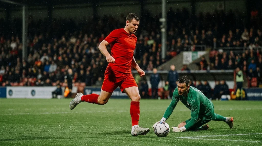 Football striker preparing to shoot inside the penalty area during match