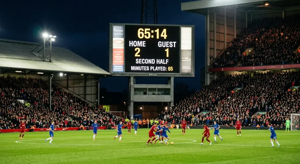 Football match clock showing second-half goal cluster timing pattern