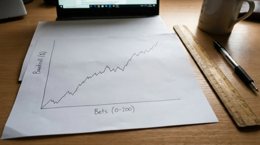 Flat staking bankroll growth chart showing steady upward trend over 200 bets