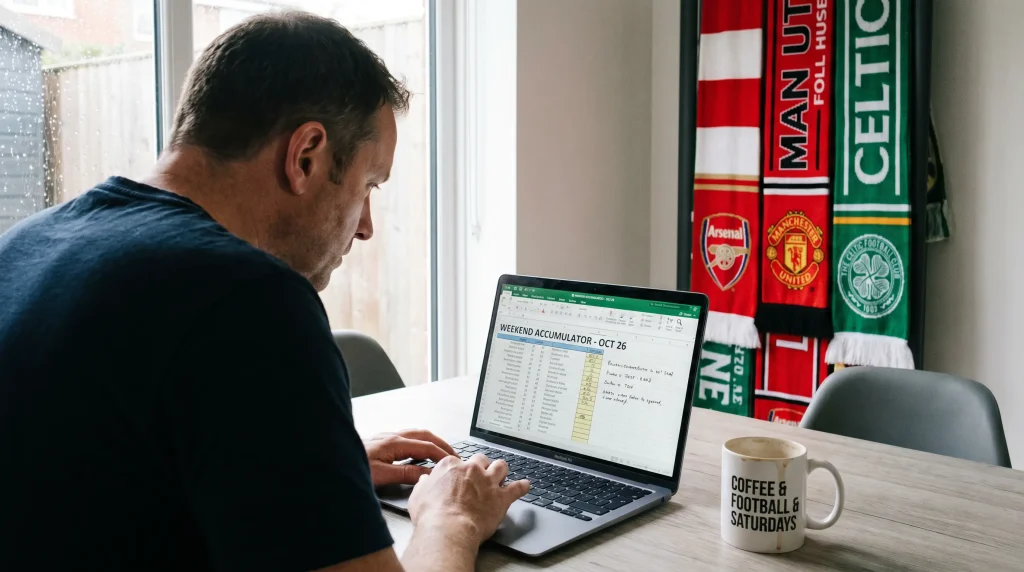 Football accumulator tips analysis with match data and correlated selections on a laptop screen