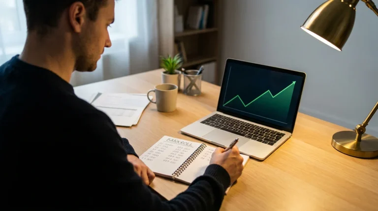 Disciplined football punter reviewing staking plan at desk with notebook