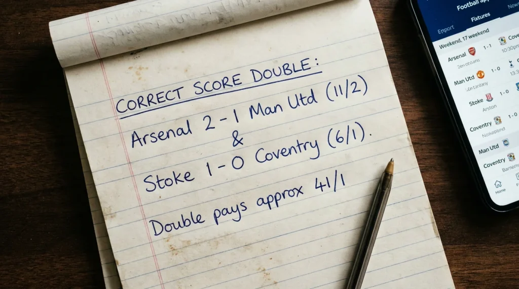 Handwritten betting notes showing correct score double selections and stakes