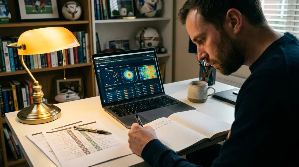 Punter studying football match data and strategy notes at a desk